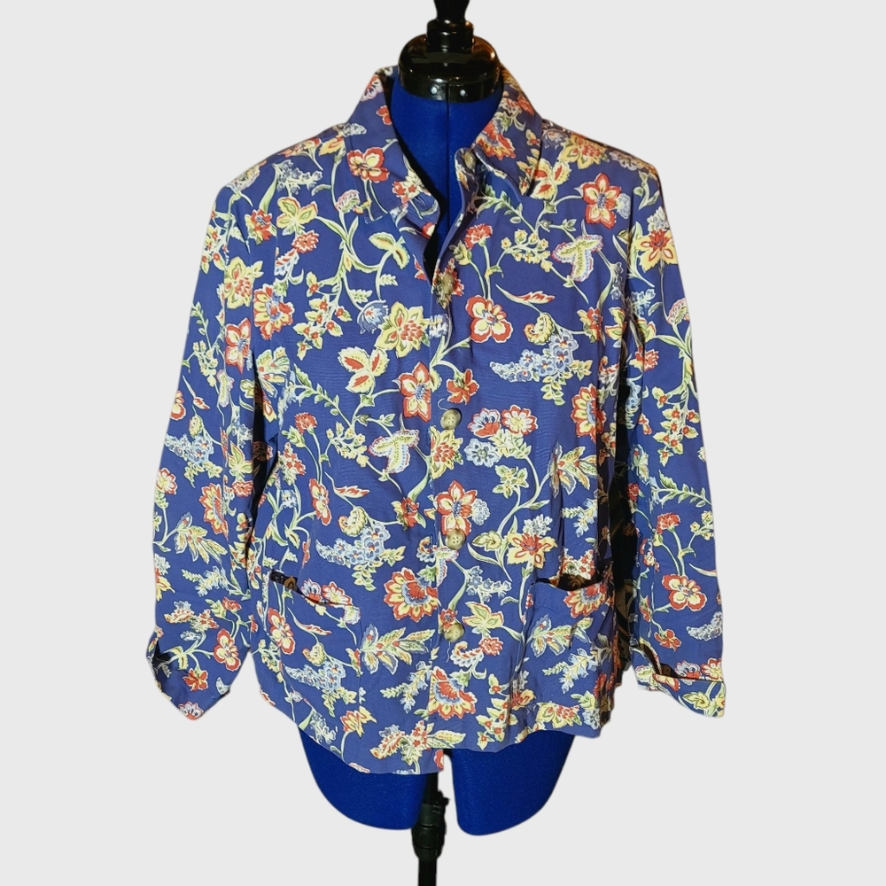 Appleseed's Lightweight Blue Jacket With Flowers Women's Large 100% Cotton - Picture 2 of 4